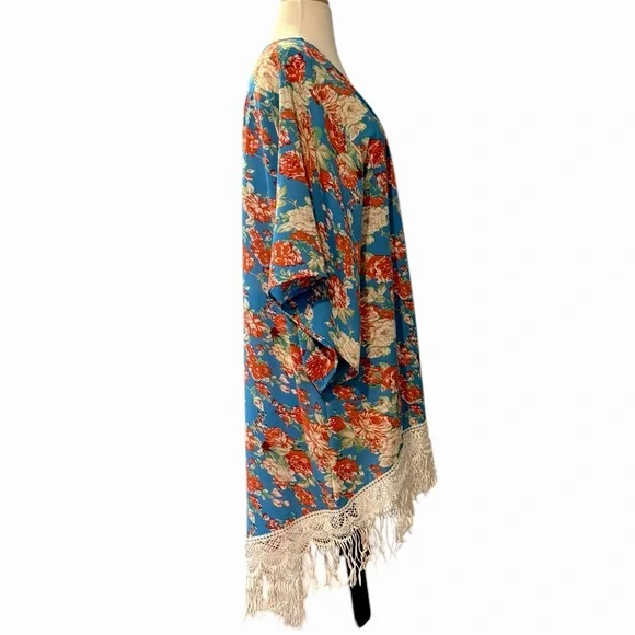 Umgee Cobalt Blue Red Floral Fringed Open Front Boho Kimono Coverup Medium Large - Picture 2 of 9